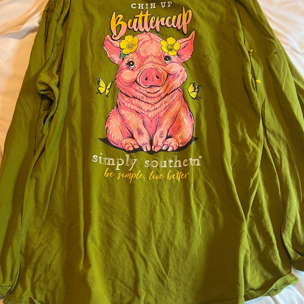 Simply Southern Green Long Sleeve Shirt with Pig Design